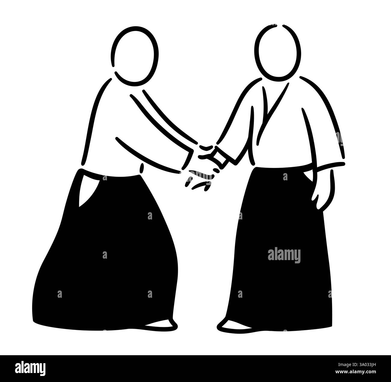 Aikido Morote-dori (beide Hände greifen ein Handgelenk) Attack hold. Schwarz-weiß-Minimalzeichnung japanischer Kampfkunst-Technik. Vektorabbildung. Stock Vektor