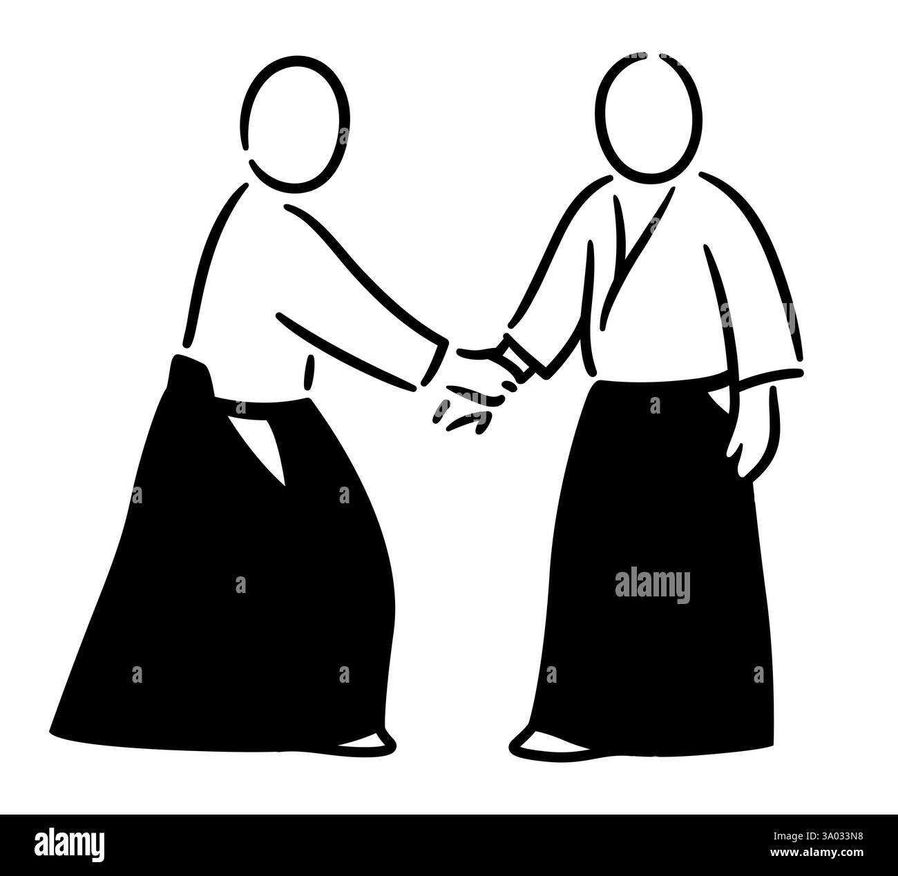 Aikido ai hanmi katate-dori (gleicher seitlicher Handgelenkgriff) Greifangriff. Schwarz-weiß-Minimalzeichnung japanischer Kampfkunst-Technik. Vektorabbildung Stock Vektor