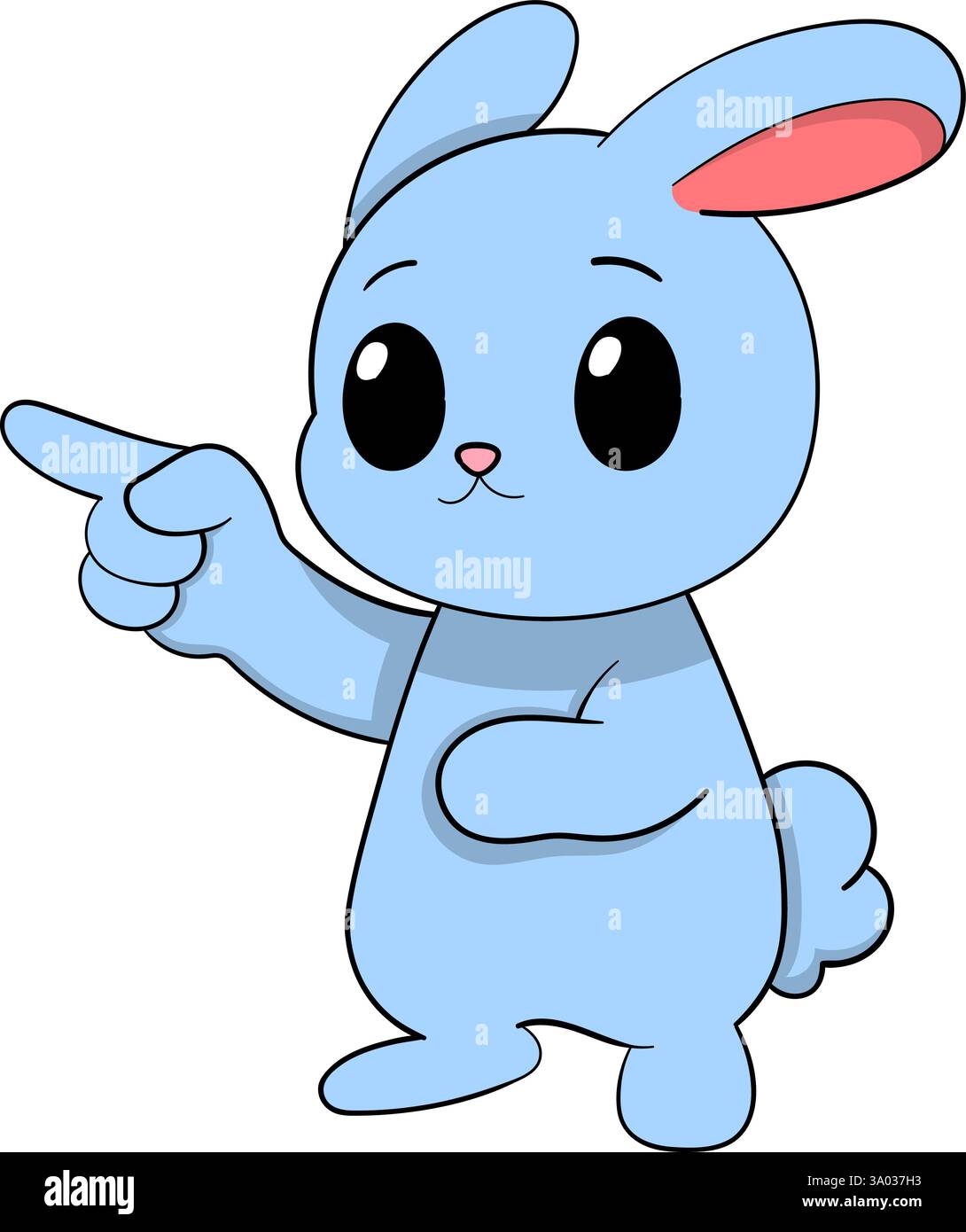 Ein bezaubernder blauer Hase mit großen schwarzen Augen und einer winzigen rosa Nase zeigt mit einer Pfote auf freundliche und einladende Weise Stock Vektor