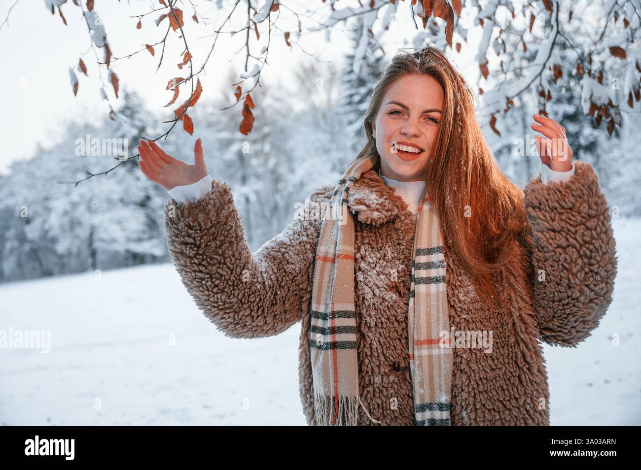Im Pelzmantel. Schöne junge Frau ist draußen im Winterwald. Stockfoto