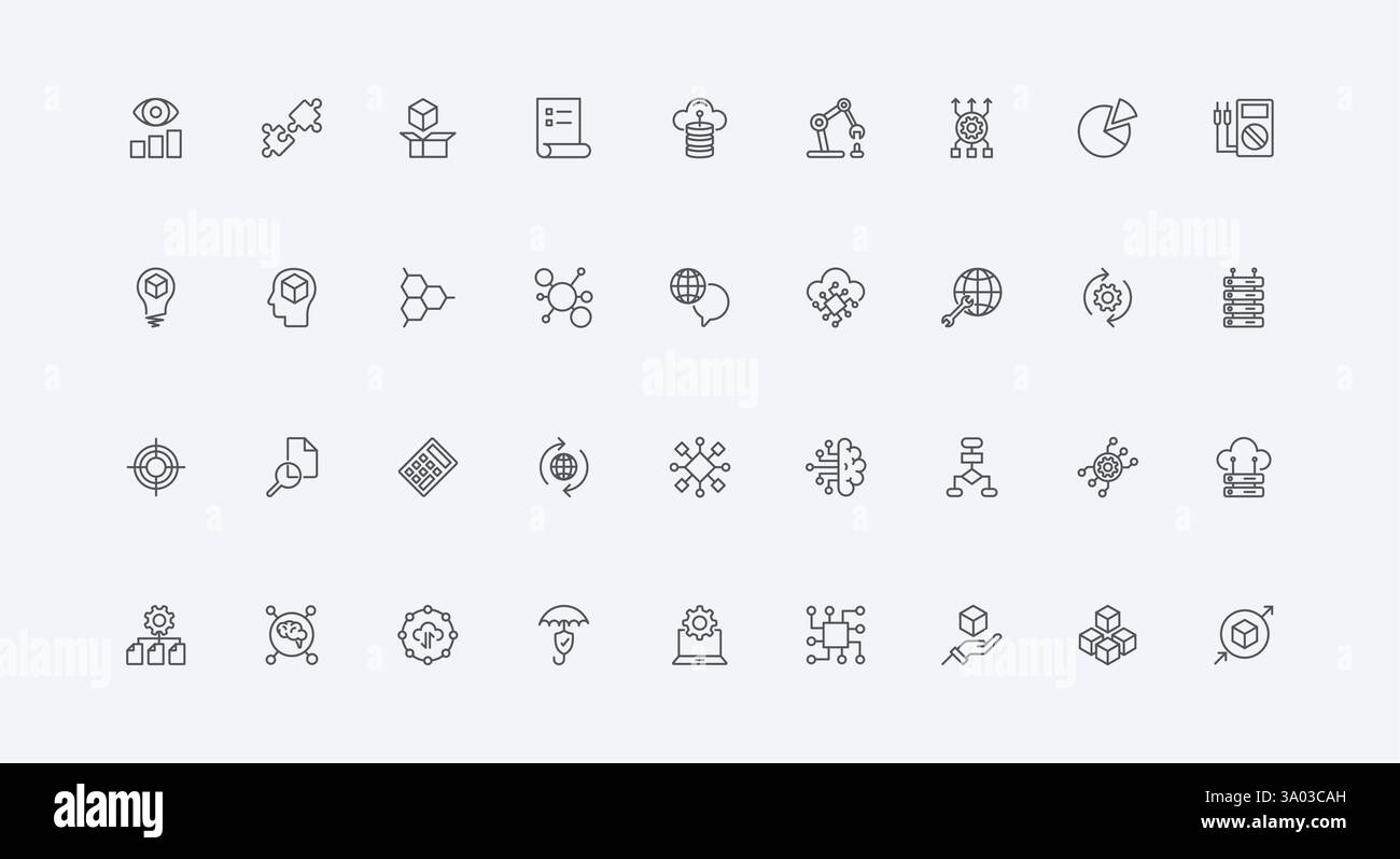 Automatische Prozesse von Servern, intelligente Lösung und Modell dünne schwarze Umrisssymbole Vektorillustration. Big Data, maschinelles Lernen, Algorithmus- und Strukturvisualisierung mit KI-Liniensymbolen Stock Vektor