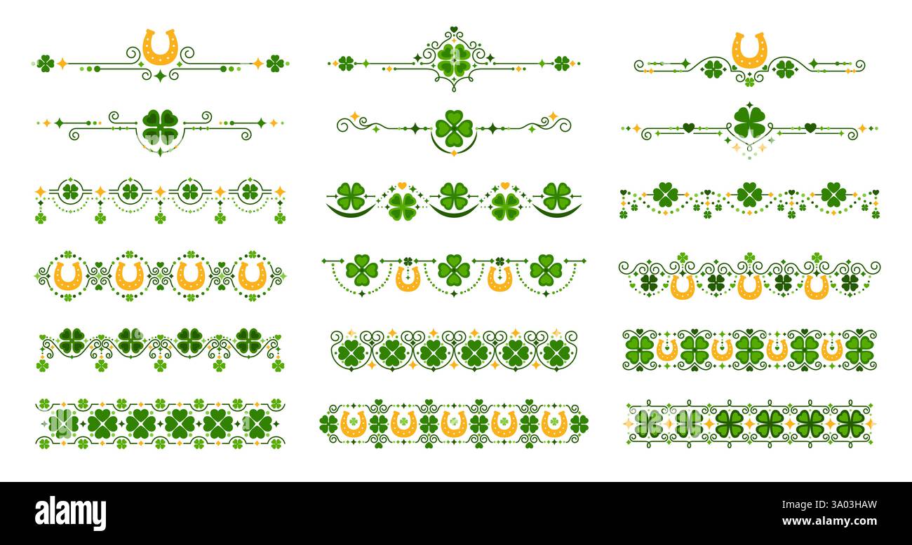 Grüne Kleeteiler und Randlinien. Vektorsatz von St. Patrick Day Trims mit vierblättrigen Kleeblättern und Hufeisen für Irish festiva Stock Vektor