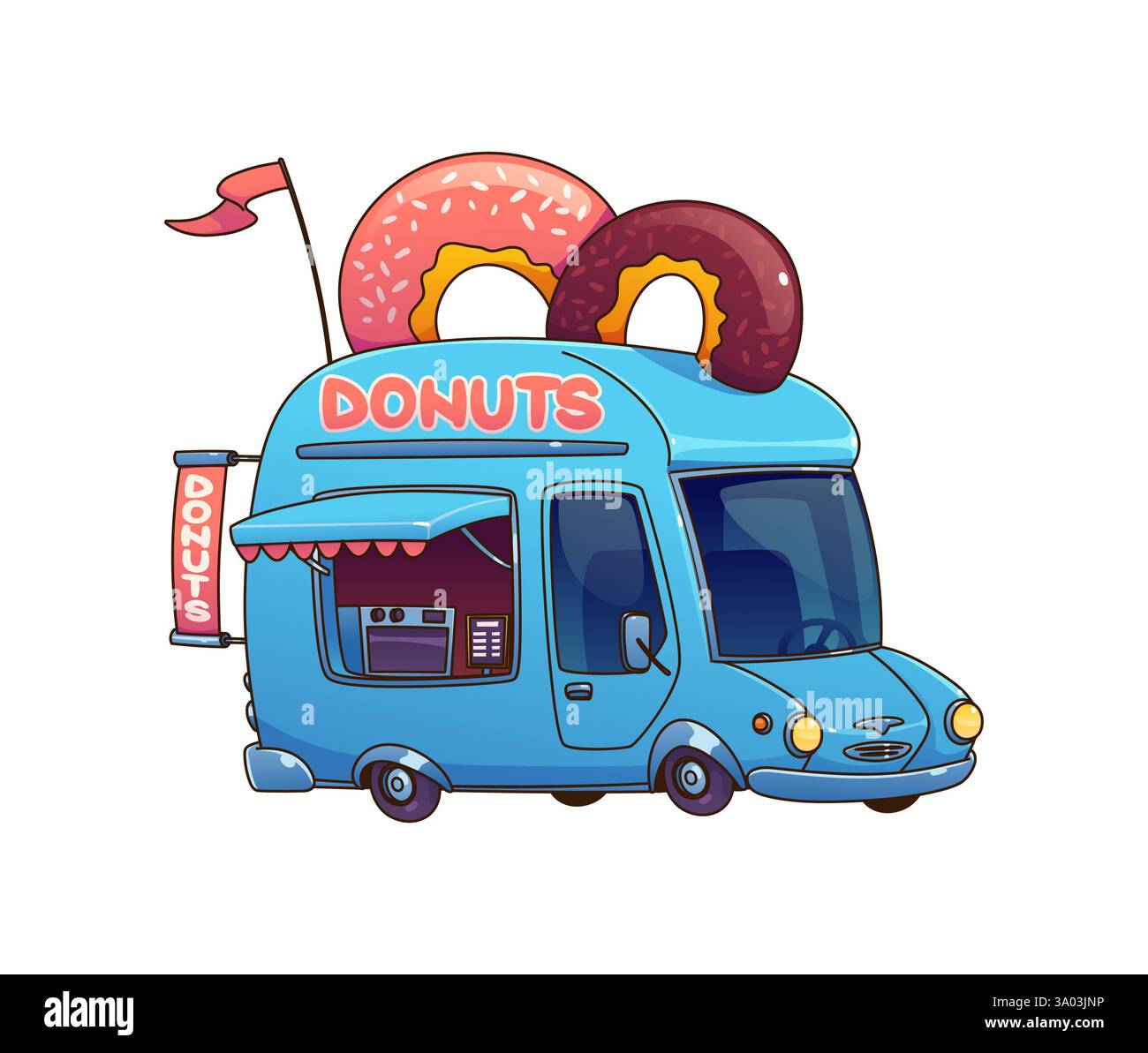 Cartoon Street Food Donut Truck, Vintage Festival Foodtruck. Isolierter Vektor-blauer Van mit einem Servierfenster und Bäckerei-Ausrüstung mit süßen Leckereien Stock Vektor