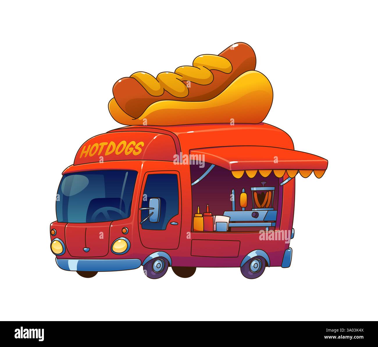 Hot Dog Food Truck Auto, Festival Street Foodtruck Van in roter Farbe mit einem riesigen Hotdog oben. Cartoon Vektor Retro Fahrzeug verfügt über einen offenen Service W Stock Vektor