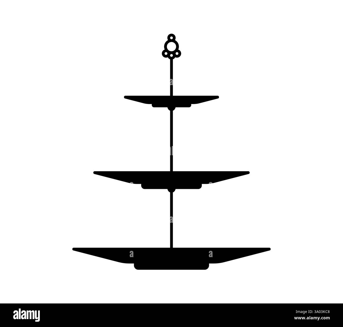 Kuchen- oder Tortenplatte, Ständer und Tablett-Silhouette. Vector Black dreistufiger Serviertisch oder Teeteller für die Präsentation von Desserts, Gebäck, Obst oder snac Stock Vektor