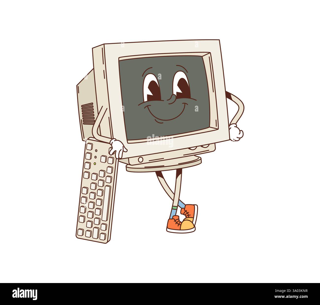 Cartoon-groovige Computerfigur. Vector pc-Monitor-Persönlichkeit in verspielter Pose, die sich auf die Tastatur stützt und den nostalgischen Charme von Vintage-Electroni einfängt Stock Vektor