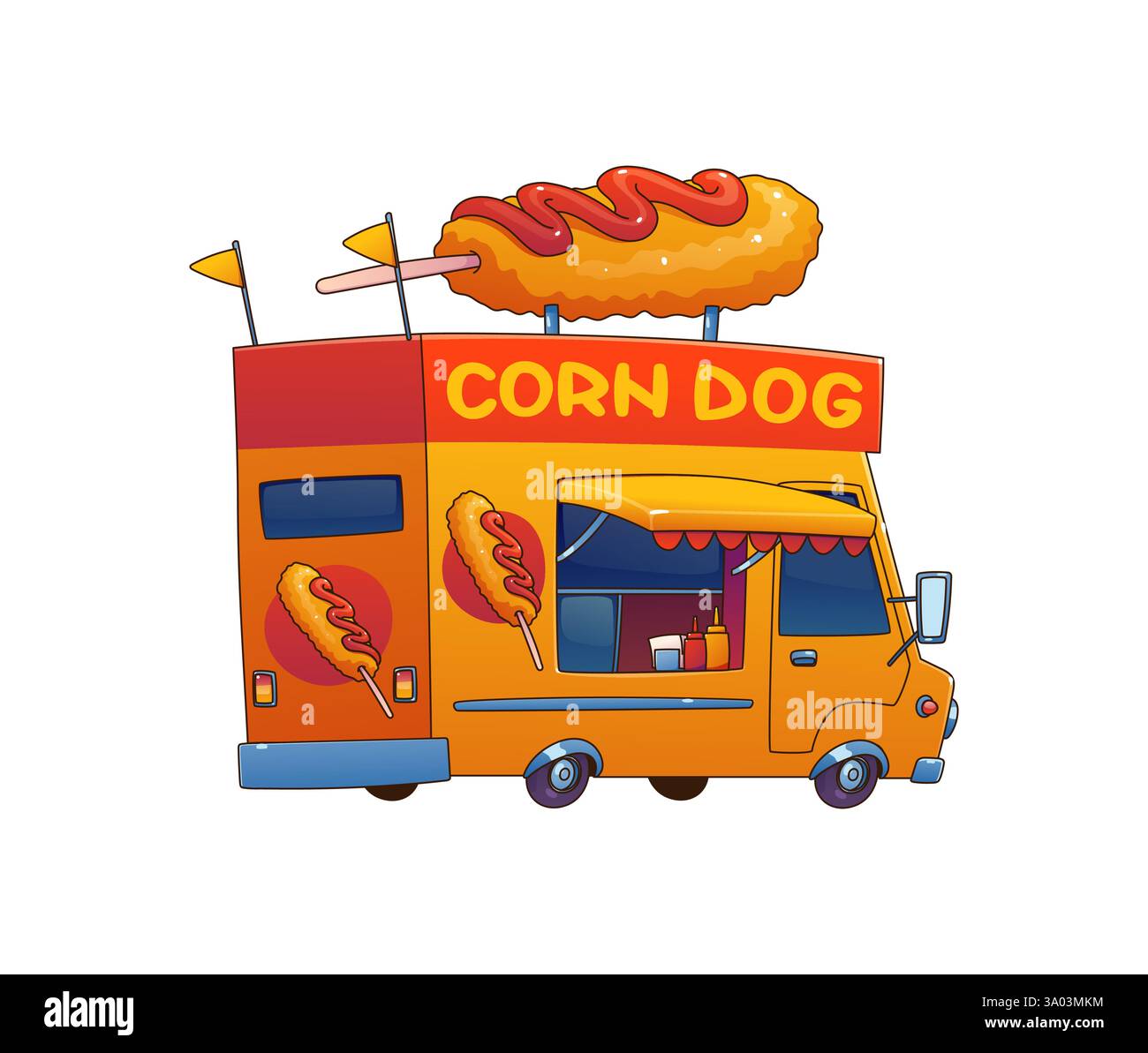 Maishund Food Truck Auto, Festival Street Food Truck Van mit einem riesigen Maishund oben. Cartoon Vektor Retro Fahrzeug Cafe verfügt über ein offenes Servicefenster, Stock Vektor