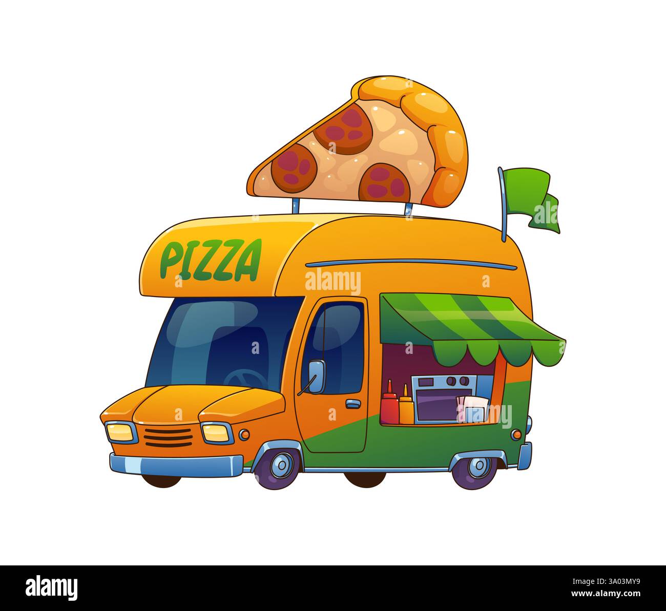 Pizza Food Truck Car, Festival Street Foodtruck Van mit einem riesigen Pizzaschnitt oben. Cartoon Vektor Retro Fahrzeug mit einer gelben und grünen Farbe, offen Stock Vektor