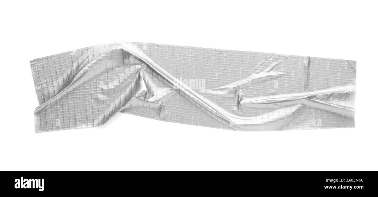 Streifen silbernes Klebeband auf weißem Hintergrund, Draufsicht Stockfoto