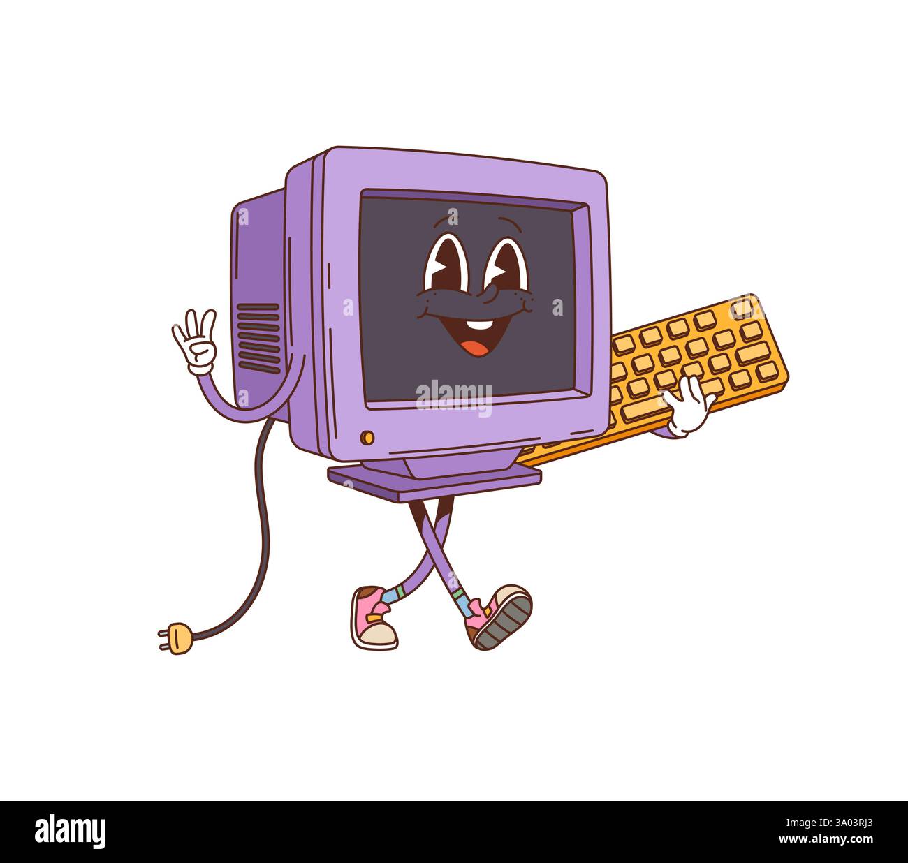 Cartoon-Retro-grooviger Computermonitor-Charakter. Vektor-pc-Figur in verspielter Pose mit Tastatur in der Hand, die den nostalgischen Charme des Vintage einfängt Stock Vektor