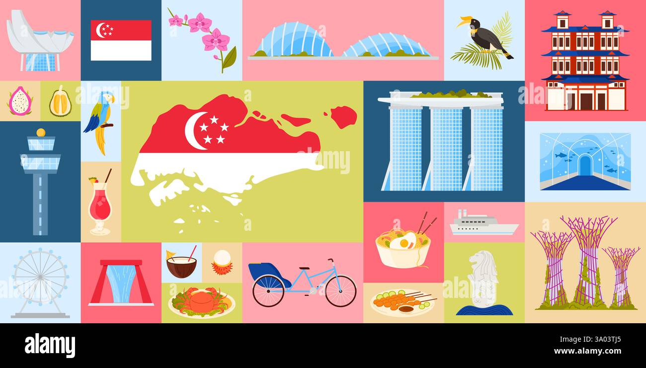 Eine lebhafte Collage, die die Wahrzeichen Singapurs, das kulturelle Erbe und die traditionelle Küche zeigt. Detaillierte Elemente umfassen berühmte Sehenswürdigkeiten und Vektorillustration für lokale Symbole. Stock Vektor