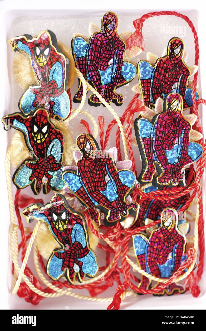 Rakhis mit Bild von Spiderman, Raksha Bandhan Festival, Indien, Asien Stockfoto