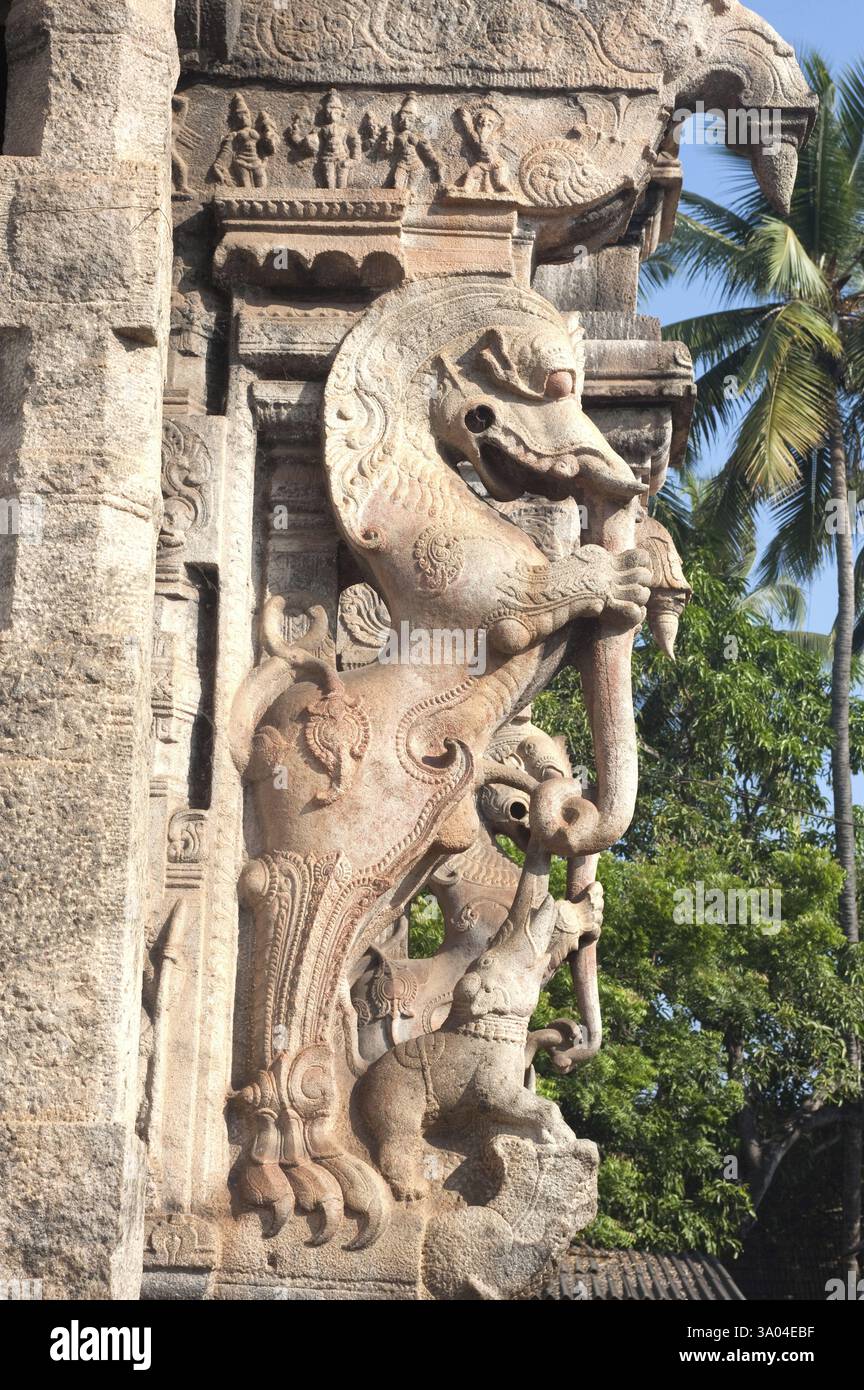 Statue auf Säulen des Tempels sri anantha padmanabhaswamy, Trivandrum Thiruvananthapuram, Kerala, Indien 2010 Stockfoto