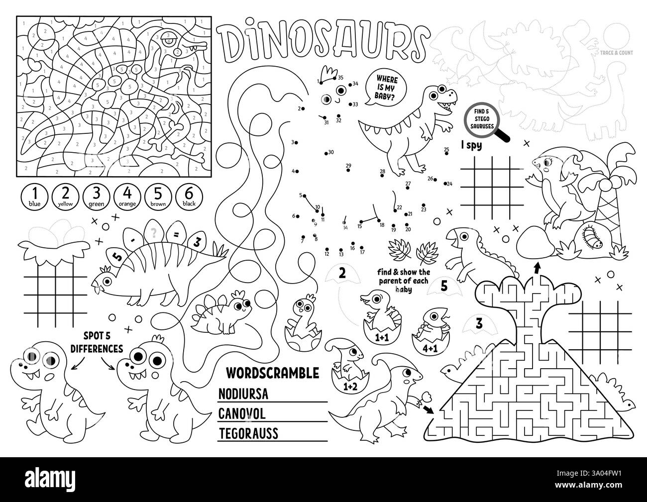 Vector Dinosaurier Tischset für Kinder. Prähistorische, druckbare Aktivitätsmatte mit Labyrinth, Tic Tac Zehenkarten, verbinde die Punkte, finde Unterschiede. Das antike Tier Stock Vektor