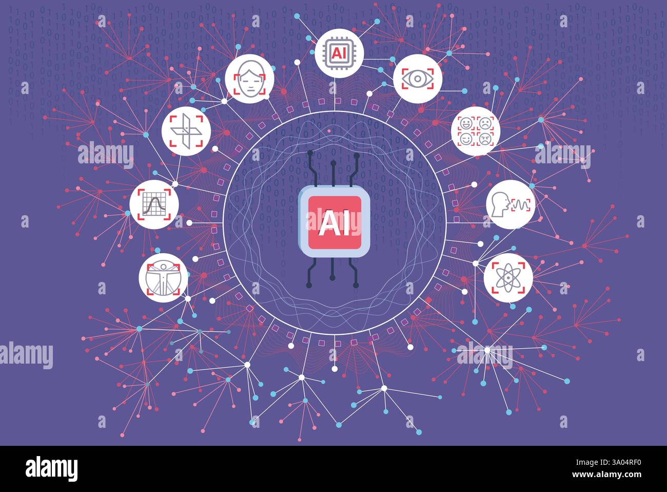 Chip mit künstlicher Intelligenz, der Datenwissenschaft, maschinelles Lernen und Deep Learning verarbeitet, mit binärem Code Hintergrund Stockfoto