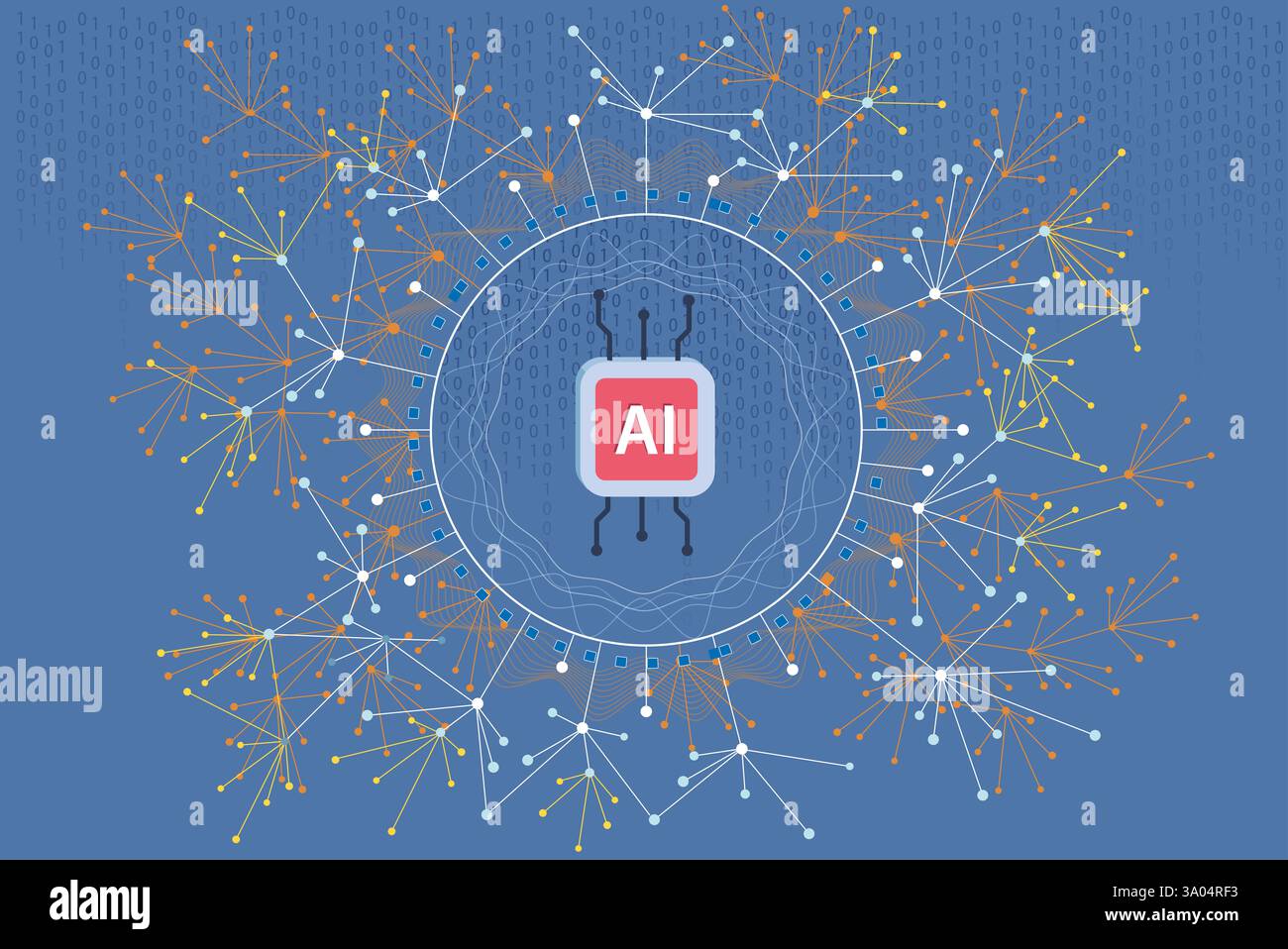 Chip mit künstlicher Intelligenz, der Datenwissenschaft, maschinelles Lernen und Deep Learning verarbeitet, mit binärem Code Hintergrund Stockfoto