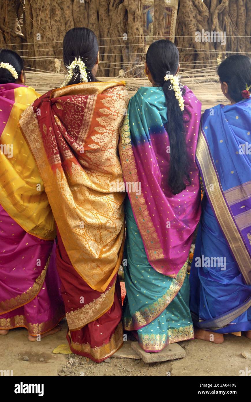 Frauen binden Thread Banyan Baum anbetet auf Mehrwertsteuer Savitri festival Stockfoto