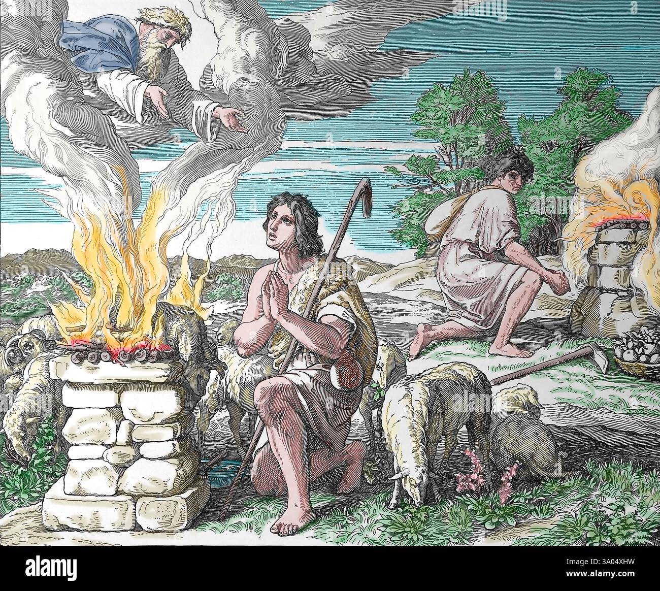 Altes Testament. Kain und Abels Angebot. Illustration von J. Schnorr von Carolsfeld. "Die Bilderbibel", 1852-60. Stockfoto