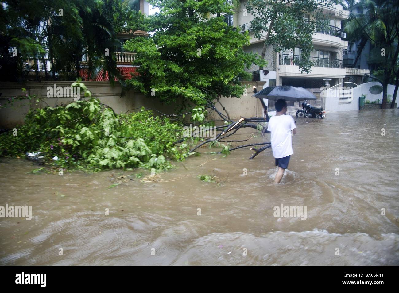 Saison Monsun, Wasserabholzung auf der Straße aufgrund von starkem Regen vom 5. Juli 2006, Mumbai Bombay, Maharashtra, Indien, Asien Stockfoto