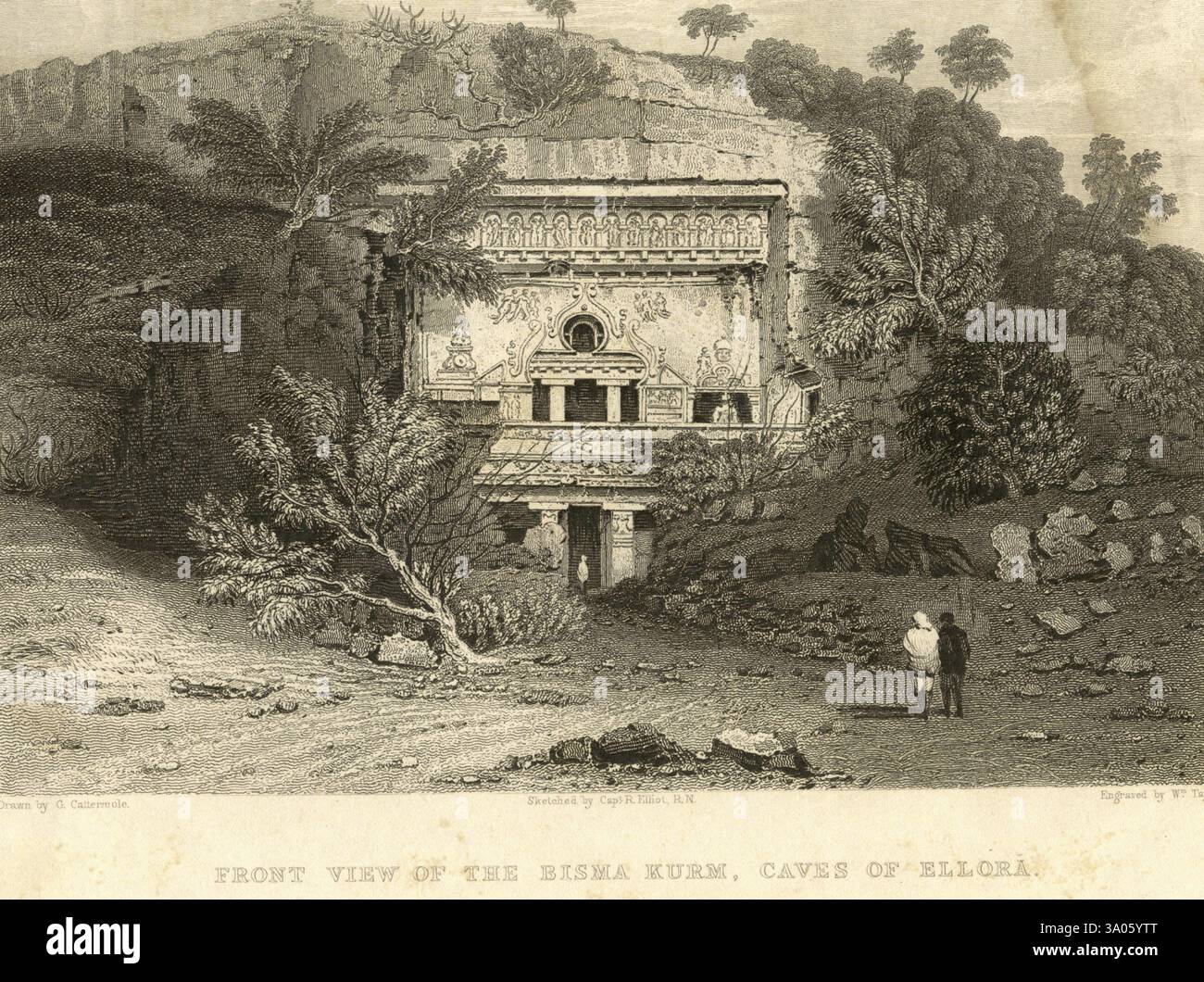 Lithografien Vorderansicht der Bisma Kurm Höhlen von Ellora, Aurangabad, Maharashtra, Indien, Asien Stockfoto