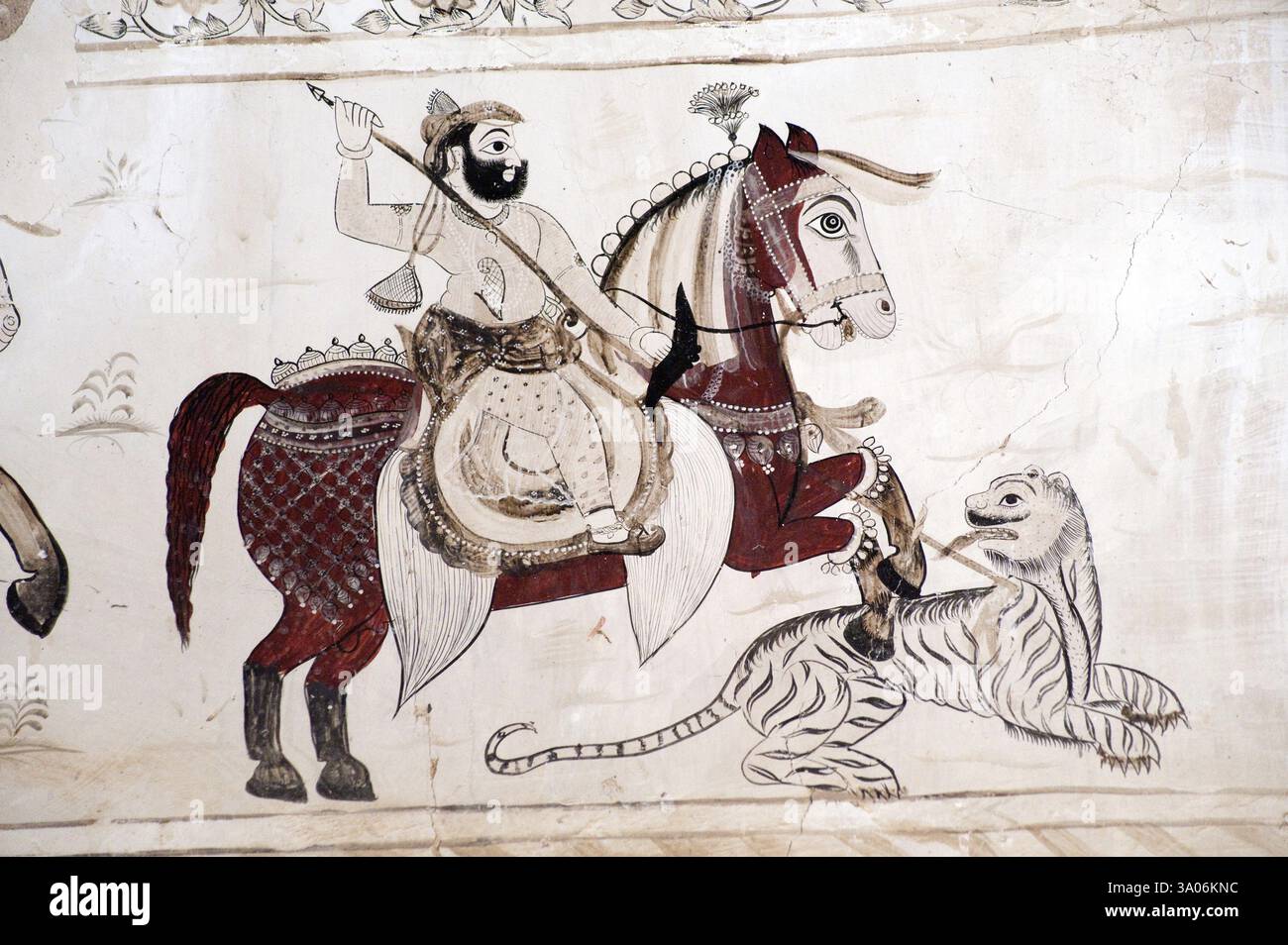 Wandgemälde der Tigerjagd im Lakshminarayan Tempel, Orchha, Tikamgarh, Madhya Pradesh, Indien, Asien Stockfoto