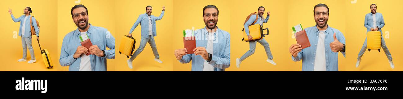 Aufregende Momente eines glücklichen Reisenden, der sich auf ein Abenteuer vorbereitet Stockfoto