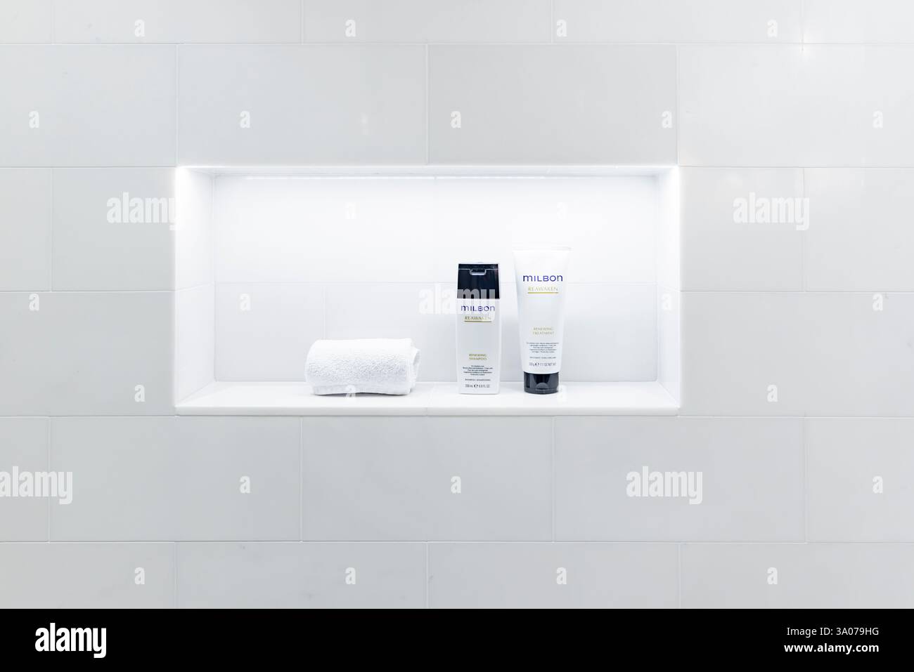Zwei Milbon-Badartikel in einer Dusche Stockfoto