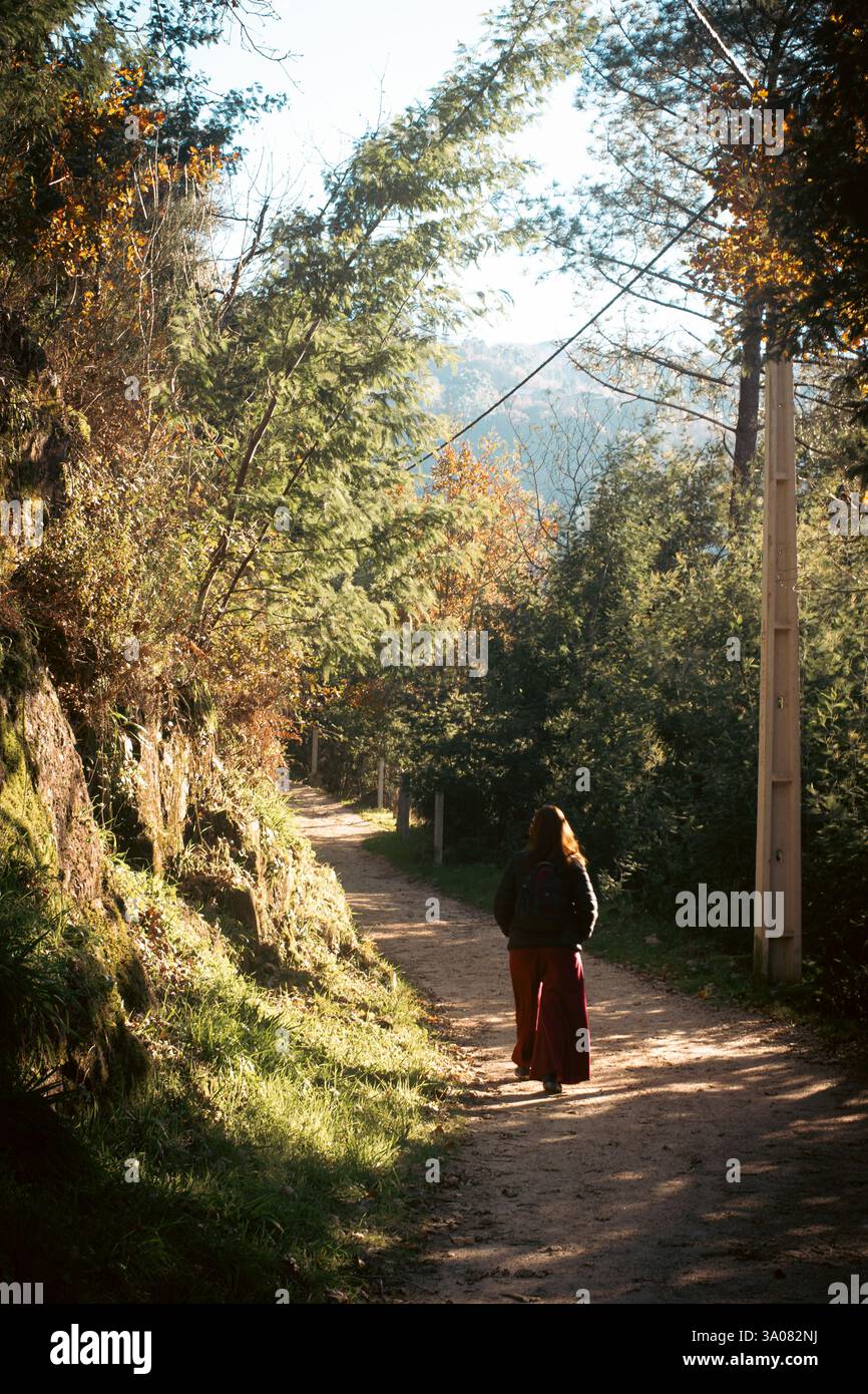 Frau, die auf einem sonnendurchfluteten Waldweg im Peneda-Gerês-Nationalpark in Portugal spaziert Stockfoto