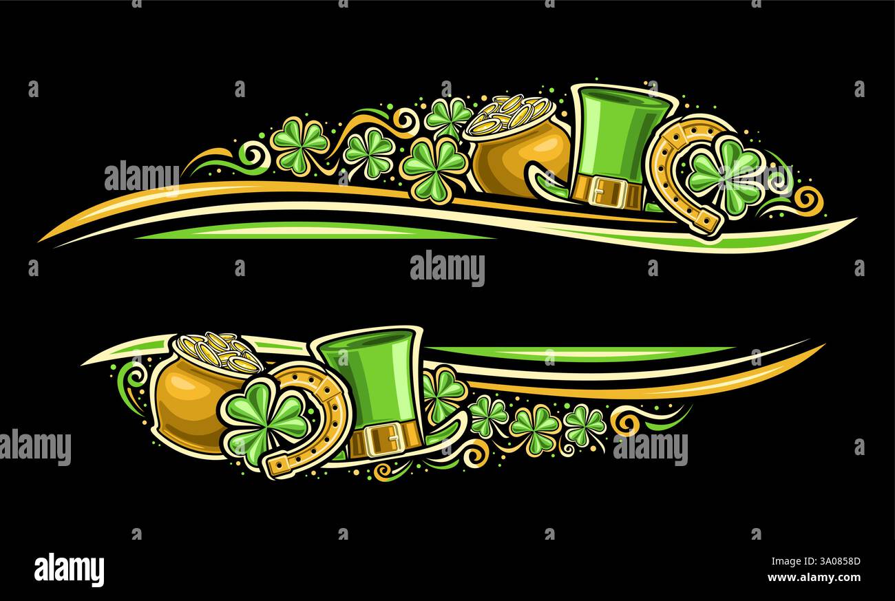 Vektorrand für St. Patrick's Day mit Kopierraum für Anzeigentext, dekorativem Layout mit Umrissillustration von patricks Hut und Zeichentrickblüten, d Stock Vektor