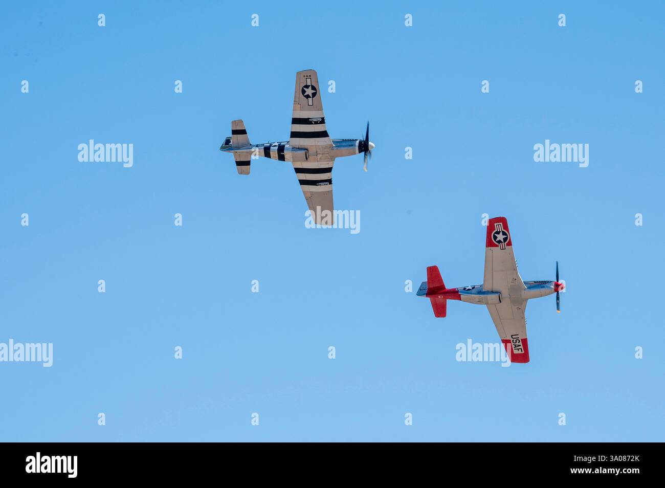 Zwei P-51 Mustang-Flugzeuge fliegen während des Heritage Flight Training Courses auf der Davis-Monthan Air Force Base, Arizona, 1. März 2025 in Formation. Die P-51 war eine US-amerikanische Langstreckenbomberflugzeugzelle, die während des Zweiten Weltkriegs und des Koreakrieges eingesetzt wurde. (Foto der U.S. Air Force von Airman Samantha Melecio) Stockfoto
