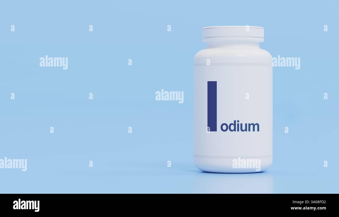 Essentielle Jodergänzung Weiße Flasche, Gesundheit Wellness Schilddrüsenfunktion Unterstützung Diätetische Anforderung Einfache Verpackung Design Medizinisches Produkt Nutriti Stockfoto