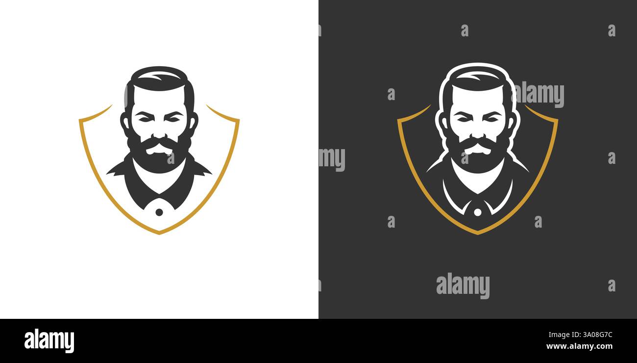 Brutales Mann Porträt in goldenem Schild Barbershop Symbol für Logo Set Vektor Illustration. Starker Mann mit Schnurrbart Bart-Gesicht-Coiffure Gentleman-Groomin Stock Vektor