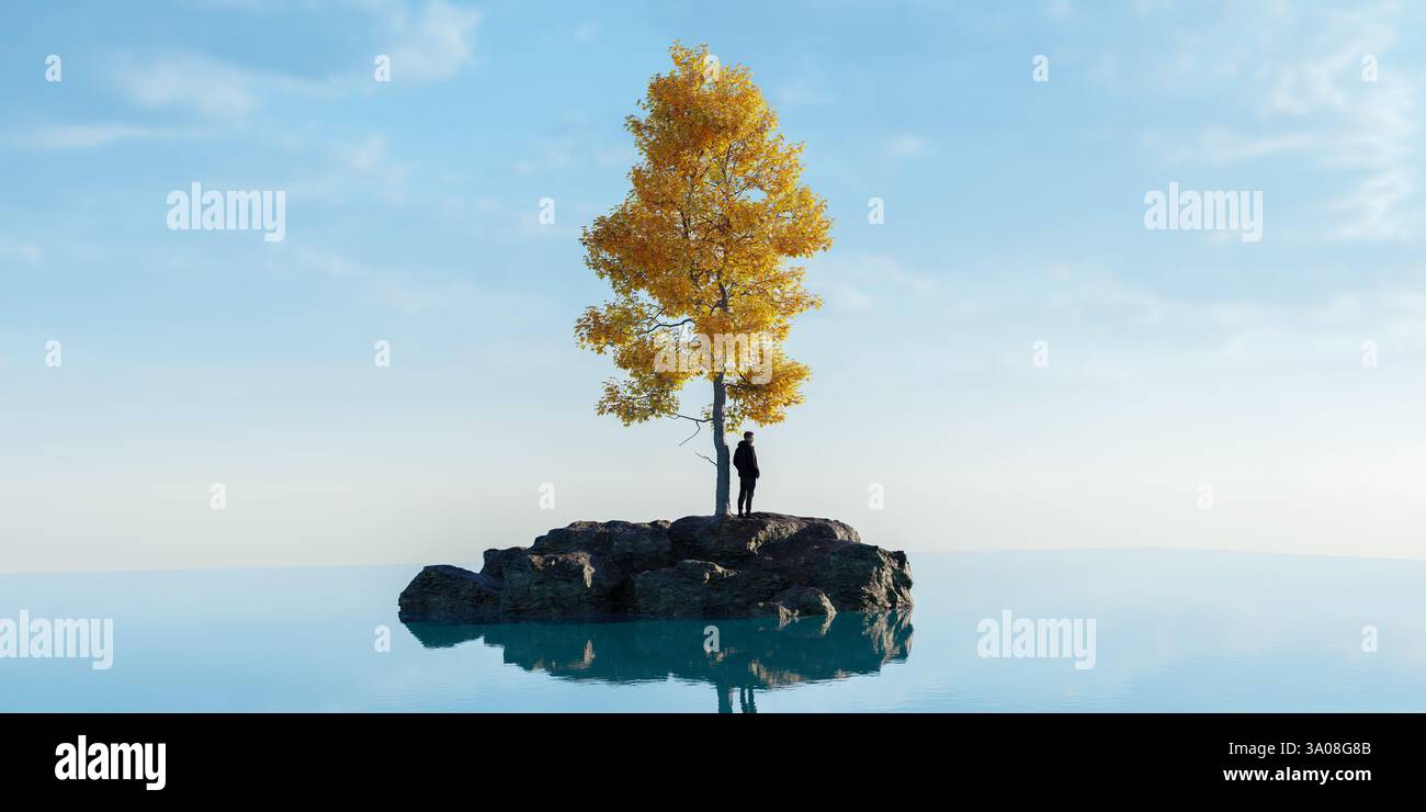 Person allein auf isoliertem Felsen umgeben von Wasser, goldener Baum mit Herbstlaub, friedlicher Himmel, ruhige Landschaft, emotionale Einsamkeit, Nachsicht, Stockfoto