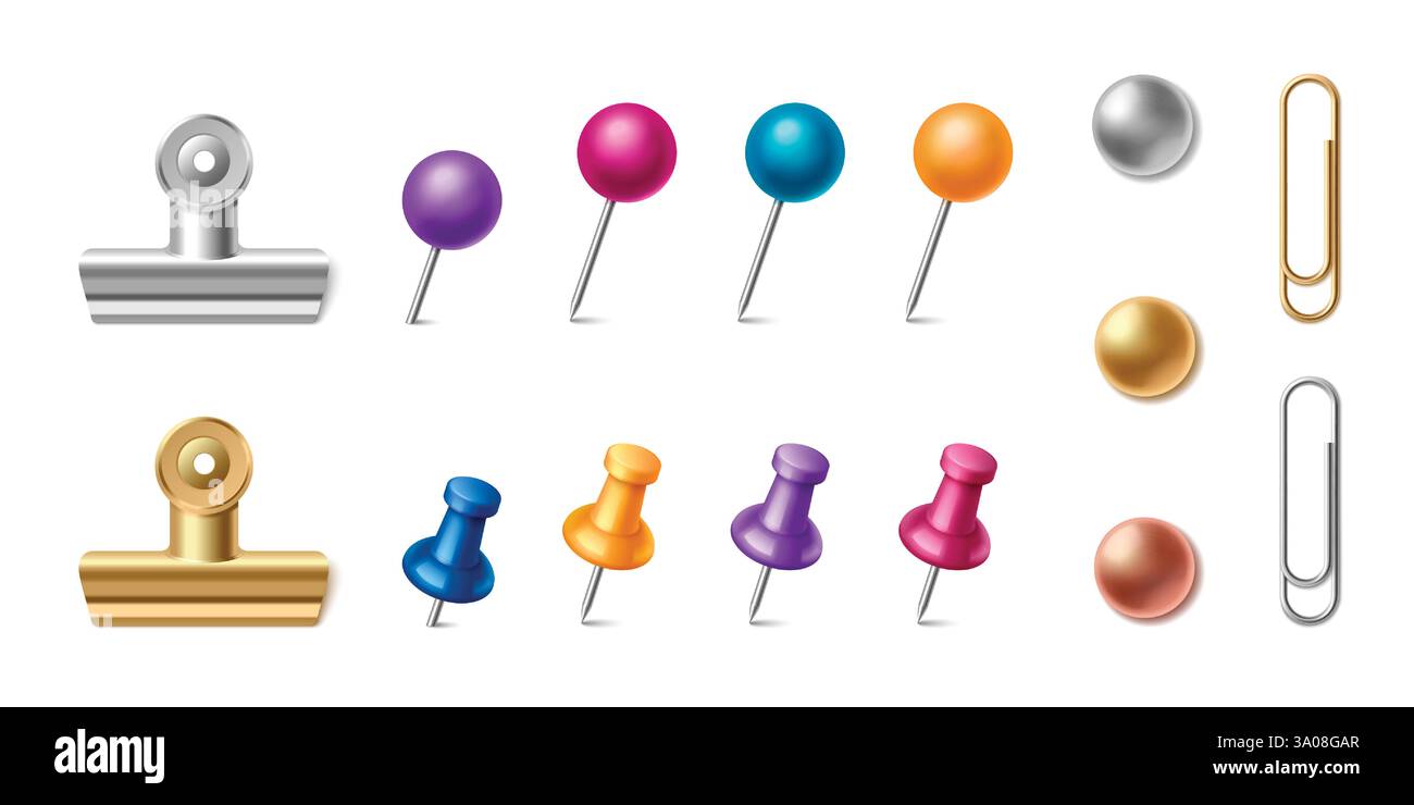 Büroklammern und Ordner mit metallischen Bürowerkzeugen - silberne und goldene Klammern, bunte Drucknadeln, runde Daumenhalter und Drahthalter. Schreibtischelemente für die Dokumentenorganisation und die Anzeige von Pinnwänden. Stock Vektor