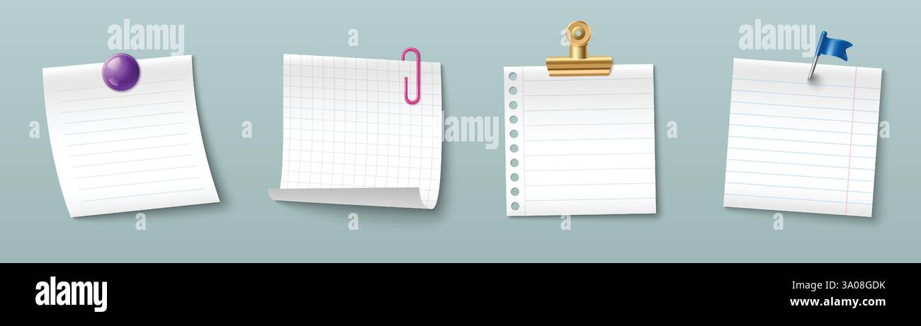 Büroklammer und Mappe mit leeren Notizblättern. Memo-Typen, die mit Daumengriff, Verschluss, Verschluss und Fahnenstift befestigt sind. Leere linierte Seiten und Rasterseiten. Realistisches Schreibwarenmockup für das Aufgabenmanagement. Stock Vektor