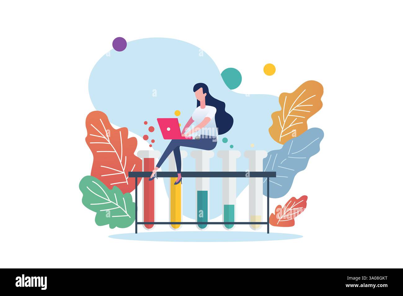 Frau, die auf einem Kolbenrohr sitzt. Chemieszene mit Miniaturmenschen. Illustration des Bildungsvektors. Stock Vektor