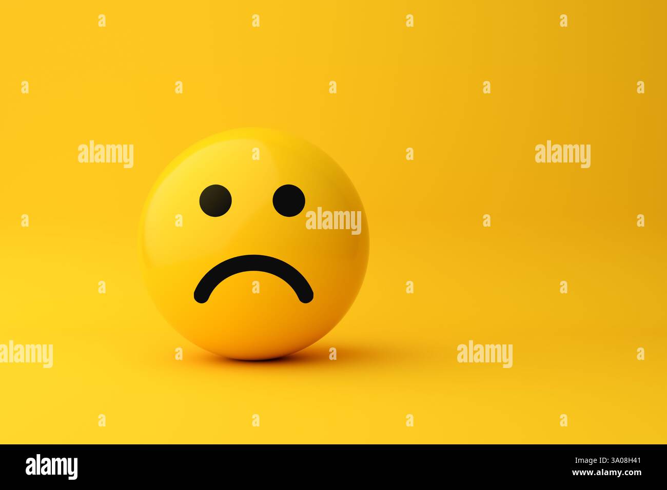 Gelbes Emoji mit traurigem Ausdruck vermittelt ein Gefühl von Enttäuschung und Negativität auf einem passenden gelben Hintergrund. 3D-Rendering. Stockfoto