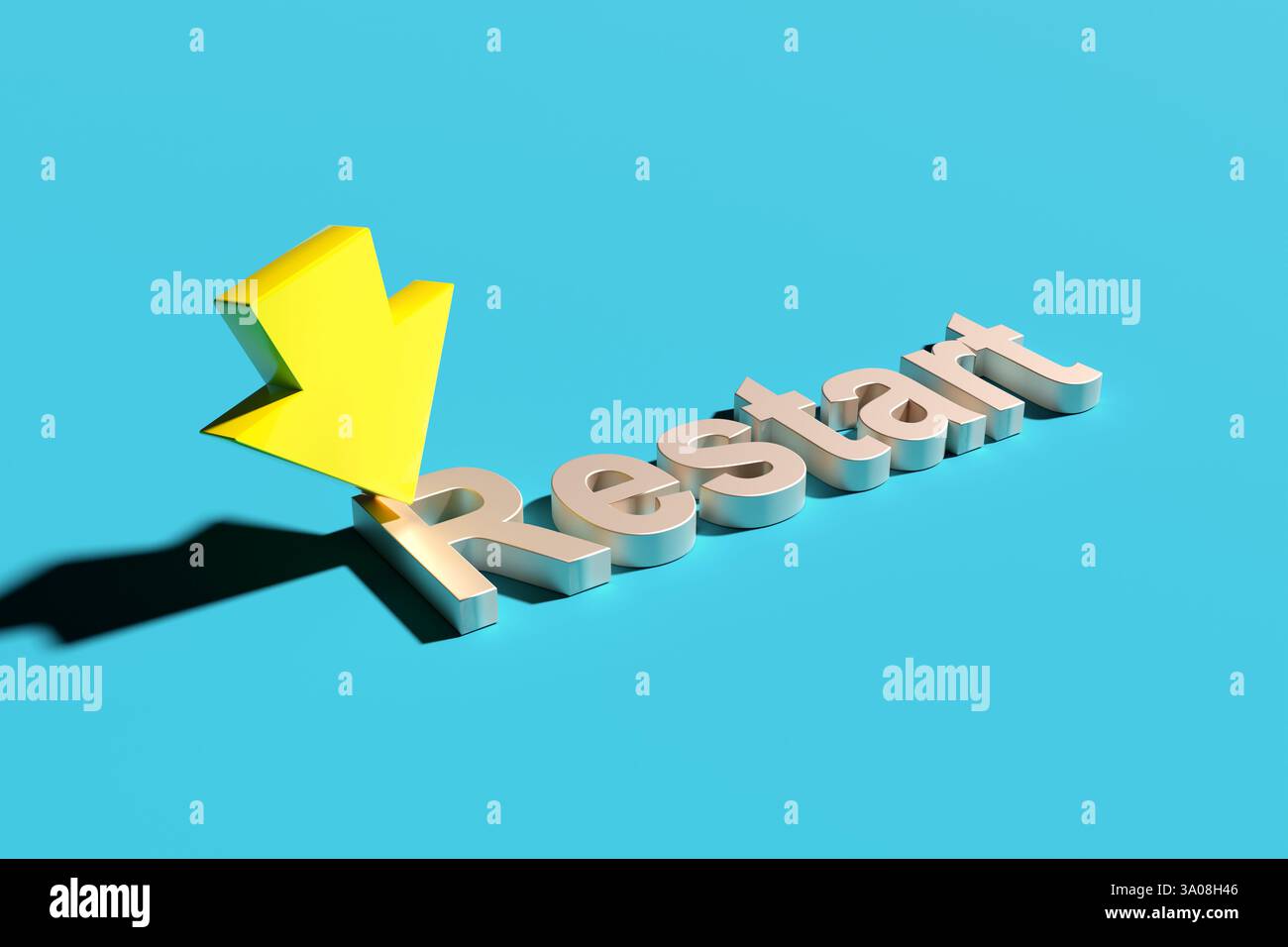 3D-Abbildung eines gelben Pfeils, der auf das Wort Neustart nach unten zeigt. Das Konzept des Neustarts oder des Neuanfangs. Stockfoto