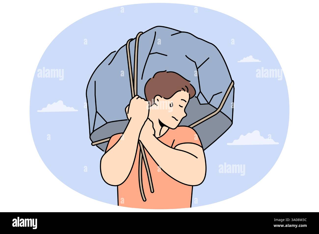 Man hebt einen riesigen Stein, der Stärke und Bereitschaft für schwierige Arbeit demonstriert, um Erfolg zu erzielen. Ein Stück Stein in den Händen symbolisiert schwierige Lebensumstände, die Unbehagen und Leiden verursachen Stock Vektor