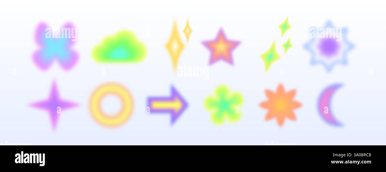 Farbenfrohe y2k-Shape-Kollektion mit verschwommenem Neon-Ästhetik. Leuchtende Verlaufssymbole - Sterne und Blumen, Pfeile und Diamanten, Halbmonde auf hellem Hintergrund. Traumhafte Fuzzy-Ikonen für nostalgisches Design. Stock Vektor