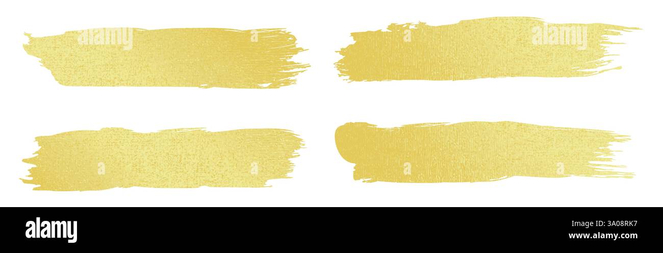 Pinselstriche aus Goldfolie mit metallischer Textur. Schimmernde gelbe Farblinie streichen. Realistische luxuriöse elegante goldene Elemente für Designprojekte, Hochzeitseinladungen oder Verpackungsdekorationen. Stock Vektor