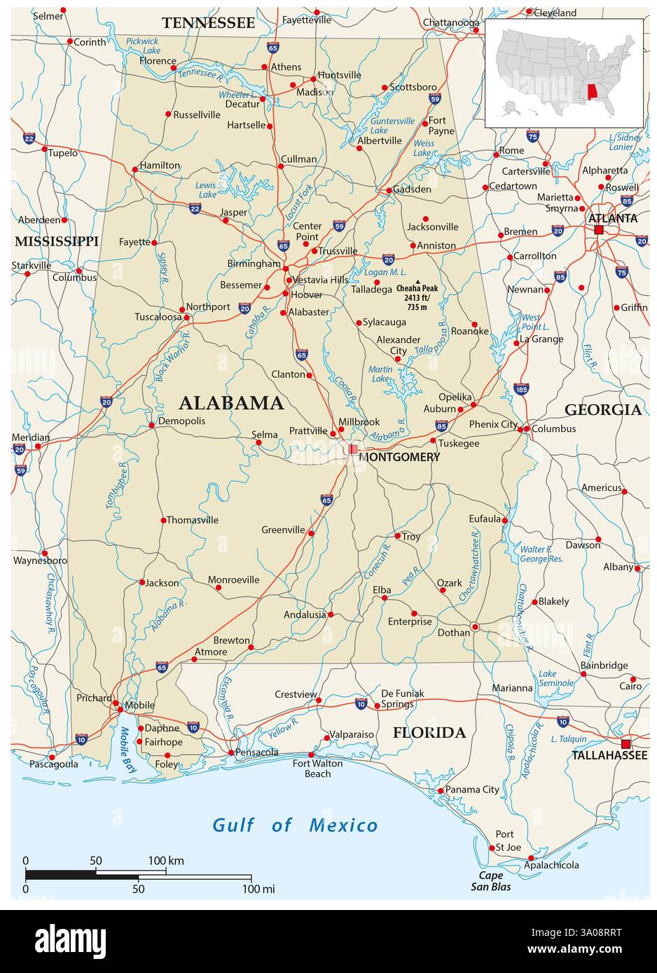 Straßenkarte des US-Bundesstaates Alabama Stockfoto