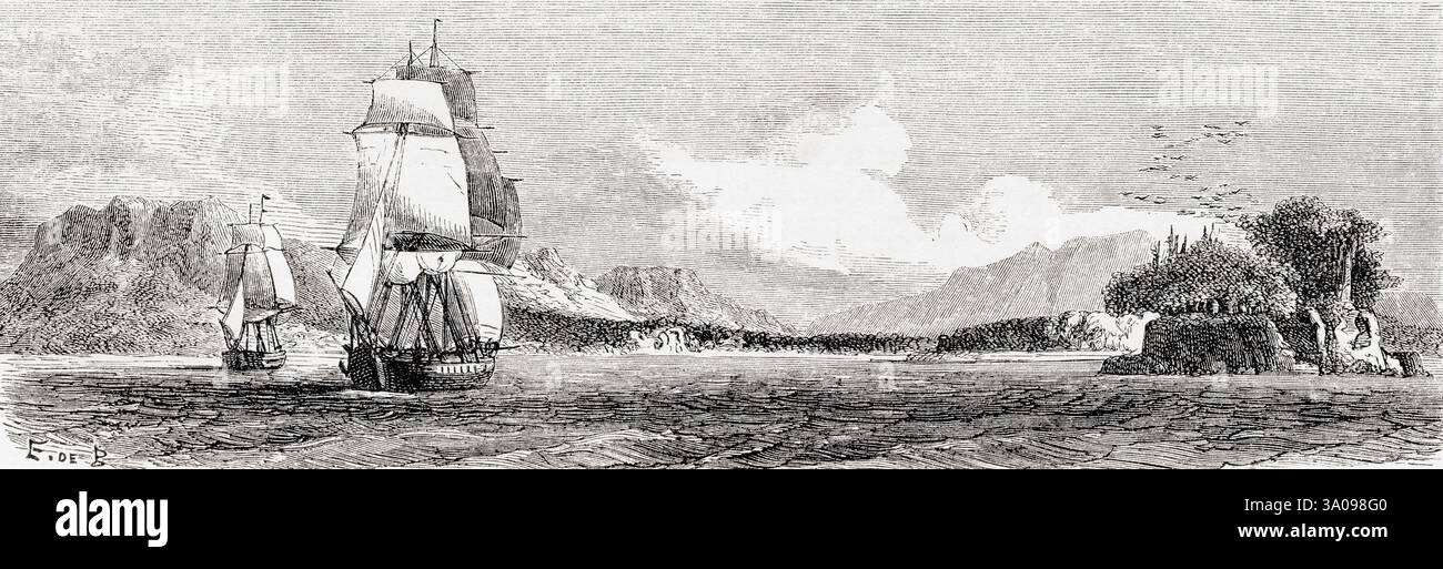 Eintritt zur St. Nicholas Bay, Magellan-Straße, Patagonien, Chile, 19. Jahrhundert. Von Journal d'un voyage au Détroit de Magellan et dans les canaux latéraux de la Côte occidentale de la Patagonie oder Tagebuch einer Reise zur Magellan-Straße und den Seitenkanälen der Westküste Patagoniens, 1856–1859, von M. V. de Rochas. In Le Tour du Monde, veröffentlicht 1861 Stockfoto