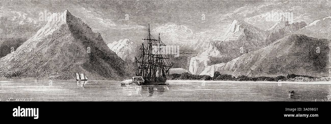 Eintritt zur Fortescue Bay, Magellan-Straße, Patagonien, Chile, 19. Jahrhundert. Von Journal d'un voyage au Détroit de Magellan et dans les canaux latéraux de la Côte occidentale de la Patagonie oder Tagebuch einer Reise zur Magellan-Straße und den Seitenkanälen der Westküste Patagoniens, 1856–1859, von M. V. de Rochas. In Le Tour du Monde, veröffentlicht 1861 Stockfoto