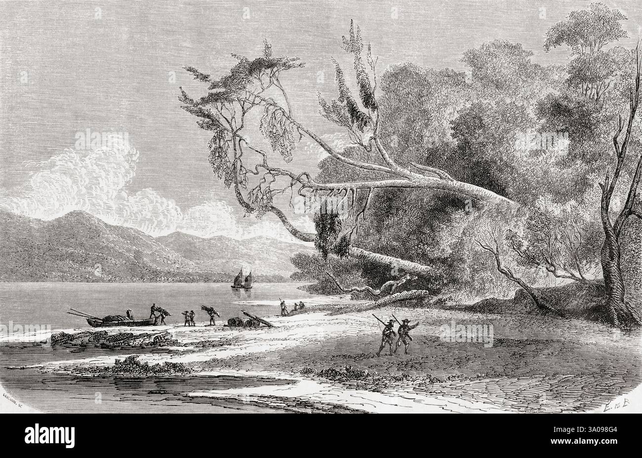 Der Strand am Hafen Saint Nicholas, Magellan-Straße, Patagonien, Chile, 19. Jahrhundert. Von Journal d'un voyage au Détroit de Magellan et dans les canaux latéraux de la Côte occidentale de la Patagonie oder Tagebuch einer Reise zur Magellan-Straße und den Seitenkanälen der Westküste Patagoniens, 1856–1859, von M. V. de Rochas. In Le Tour du Monde, veröffentlicht 1861 Stockfoto