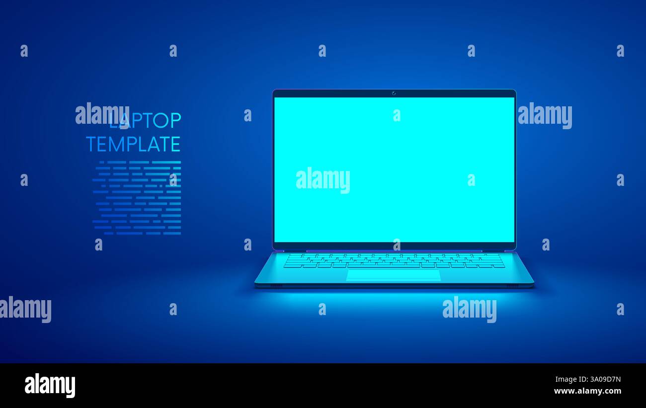 Laptop leerer Bildschirm auf dem Schreibtisch auf blauem Hintergrund. Vorderansicht des Notebook-Vektors. Gaming-Notebook mit offenem Zyan-Bildschirm auf der Vorderseite. Vektorvorlage leerer Bildschirm n Stock Vektor