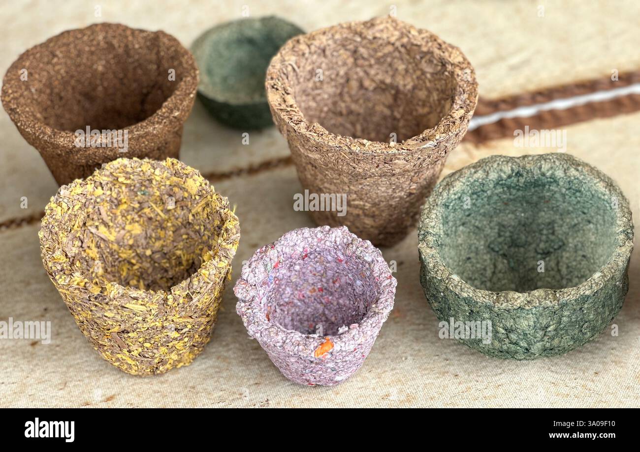 Nahaufnahme von umweltfreundlichen Pflanztöpfen, die aus erneuerbaren Materialien wie Kokosnuss-Kokos, Mate, Kaffeesatz oder recyceltem Holz hergestellt werden. Und Papier Stockfoto