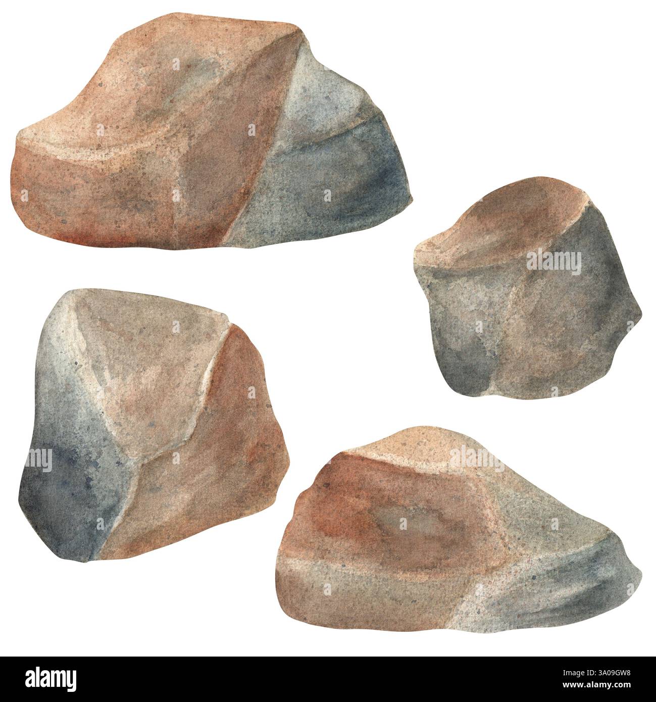 Ein Bündel von grauen und braunen Steinsteinen. Strukturierte Felsbrocken. Kopfsteinpflaster. Kies. Natürliche Landschaft Clipart. Bergsteine in Wasserfarben. Handgezeichnetes Wasser Stockfoto