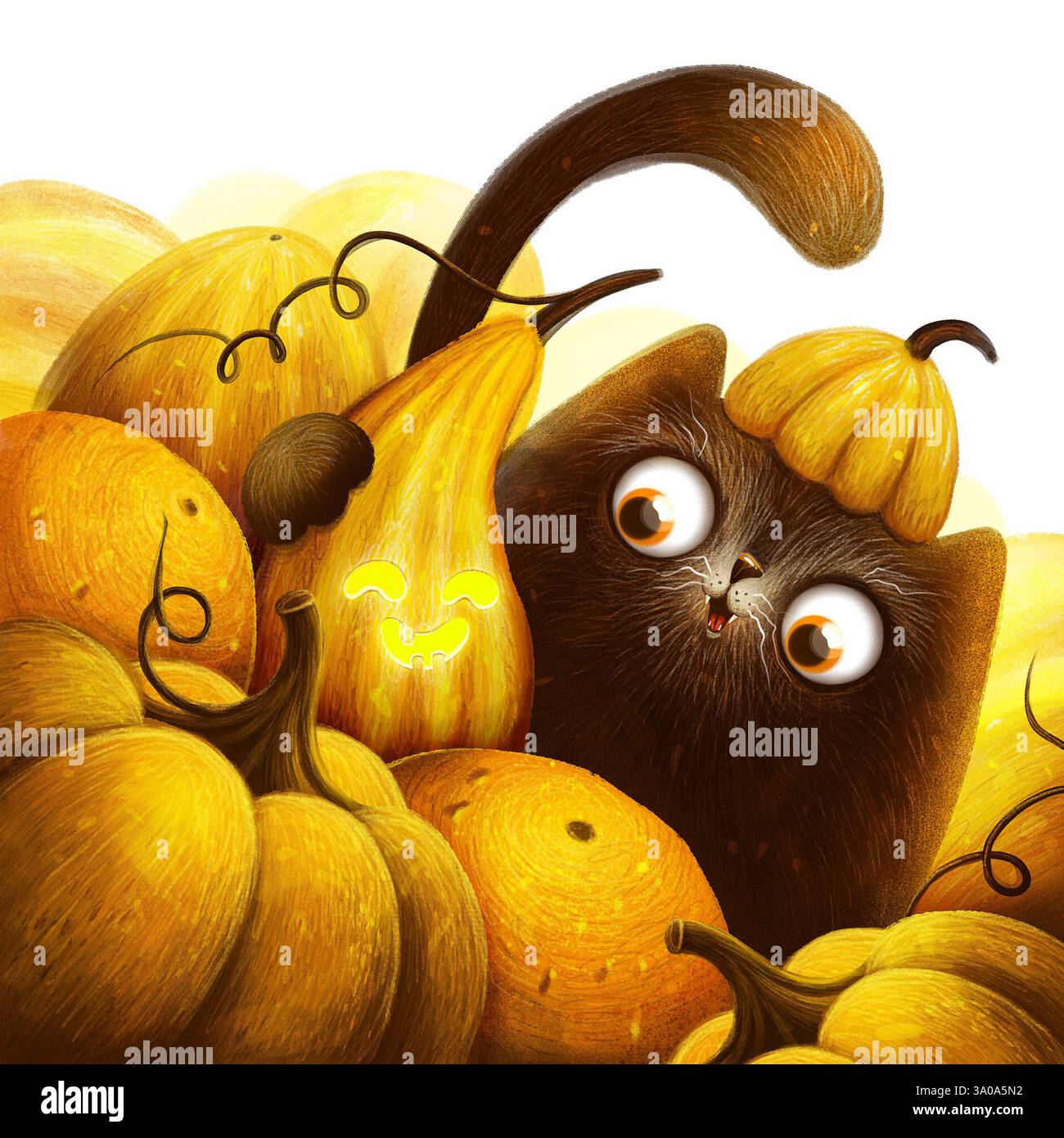 Kawaii malte schwarze Katze mit Kürbissen auf weißem Hintergrund. Grußkarte, Postkarte, Poster, Banner, Flyer und andere. Stockfoto