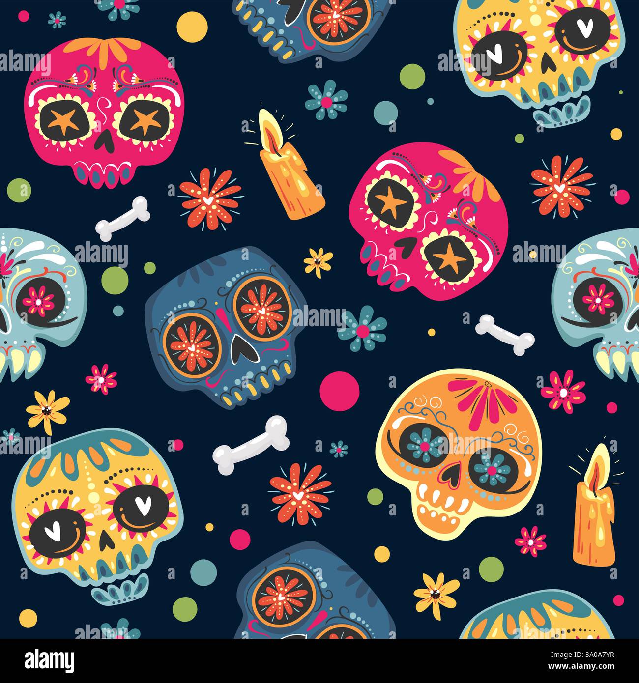 Mexikanischer Feiertag Tag der Toten , Dia de los Muertos . Nahtloses Muster mit Zuckerschädeln und Blumen. Vektorabbildungen Stock Vektor